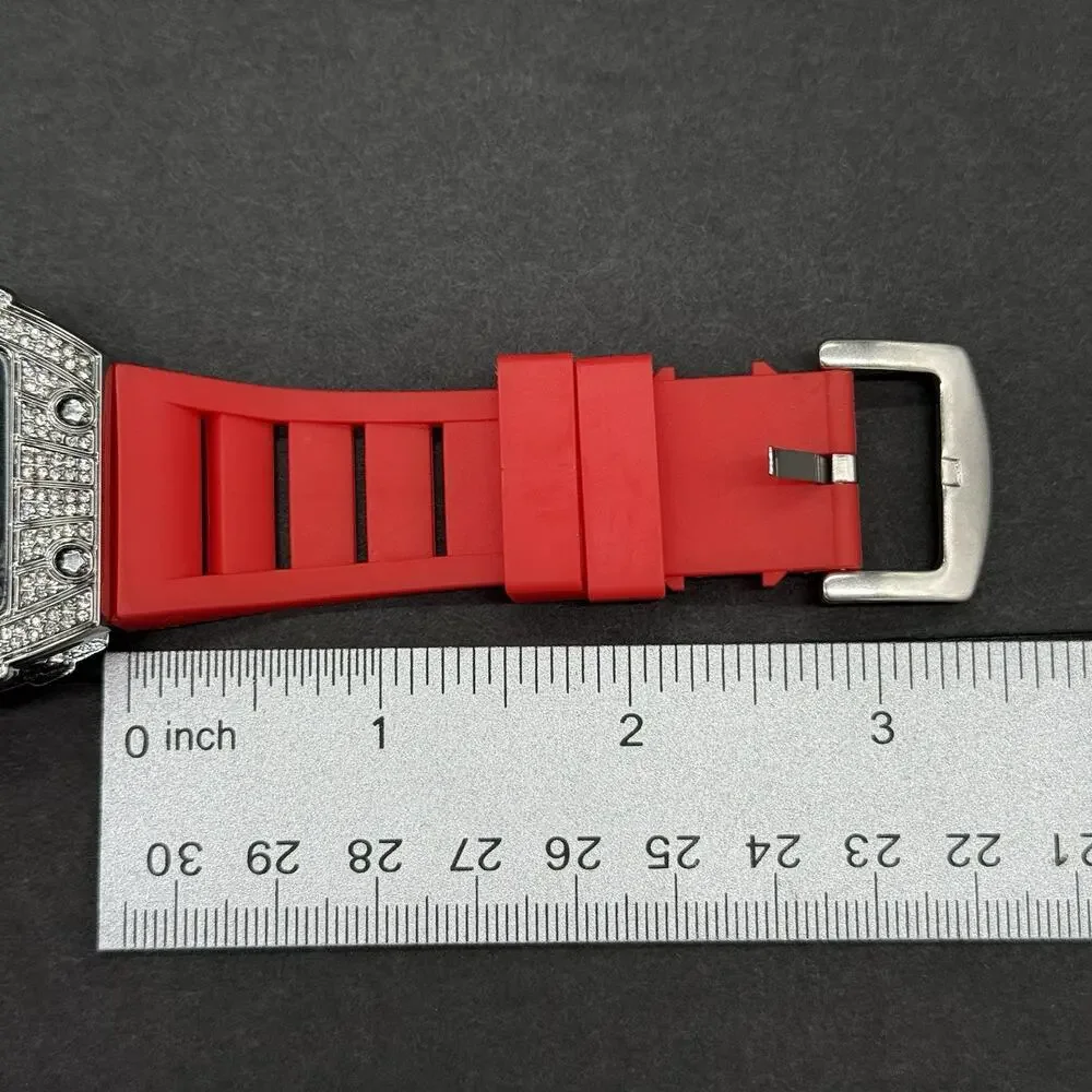Men's Avant-Garde Tonneau Sport Watch Fully Iced Out Bezel & Vibrant Red Band